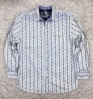 Scully Mens L Western Shirt White Skull Print Pearl Snap Rose Embroidery